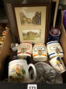 THREE SPIRIT BARRELS, PRINTS, CAFETIERES, OTHER KITCHEN UTENSILS, A MALING BOWL, ETC.