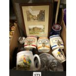 THREE SPIRIT BARRELS, PRINTS, CAFETIERES, OTHER KITCHEN UTENSILS, A MALING BOWL, ETC.