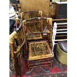 THREE BAMBOO FOLDING CHAIRS, TWO TOWEL RAILS, AND LOOM BOX STOOL.