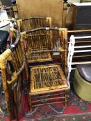 THREE BAMBOO FOLDING CHAIRS, TWO TOWEL RAILS, AND LOOM BOX STOOL.