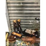 A PAIR OF BOOTS, A HANDBAG, A CHOCOLATE MOULD, ETHNIC QUIVER, WOODEN FISHING REEL, A CLAY PIPE,