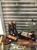 A PAIR OF BOOTS, A HANDBAG, A CHOCOLATE MOULD, ETHNIC QUIVER, WOODEN FISHING REEL, A CLAY PIPE,