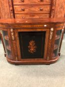 A VICTORIAN WALNUT AND INLAID CREDENZA WITH BOW GLASS END CABINETS.