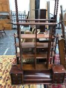 A VICTORIAN FOUR TIER WHAT NOT, A BARLEY TWIST TOWEL RAIL, A DRESSING TABLE TOP, AND THREE WALL