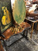 A VICTORIAN COAL SCUTTLE, A GAMES TABLE, TWO FIRE SCREENS AND A BAMBOO TABLE.