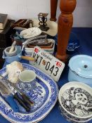 A PAIR OF BJORN WIJNBLAD DISHES, COOKING UTENSILS, SCALES, MARYLAND NUMBER PLATES AND A NACREOUS