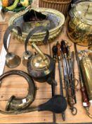 BRASS, COPPER AND ELECTROPLATE, TO INCLUDE: A CAR HORN, BOWLS, FIRE EXTINGUISHER, BELLS, CLOCKS