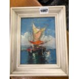 A SMALL OIL ON BOARD, MEDITERRANEAN SAIL BOAT.