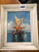 A SMALL OIL ON BOARD, MEDITERRANEAN SAIL BOAT.