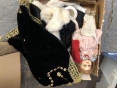 A VINTAGE DOLL TOGETHER WITH A BLACK VELVET AND A WHITE FUR TRIMMED SHAWL