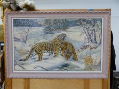 JOHN C. WARDLE (B.1907- ) ARR. SIBERIAN TIGERS, SIGNED, OIL ON CANVAS. 76 x 128cms