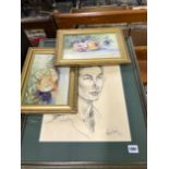 A PAIR OF STILL LIFE PAINTINGS, SIGNED, AND TWO PORTRAITS.