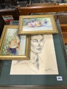 A PAIR OF STILL LIFE PAINTINGS, SIGNED, AND TWO PORTRAITS.