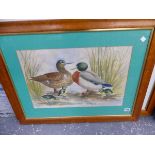 NAIEVE SCHOOL "THE MALLARD FAMILY" WATERCOLOUR 35 x 52cms TOGETHER WITH TWO OTHER DECORATIVE PICTURE