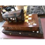 TWO VINTAGE CHESS BOARDS,AND A PAIR OF BOWLING WOODS.