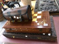 TWO VINTAGE CHESS BOARDS,AND A PAIR OF BOWLING WOODS.