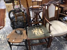 A VICTORIAN BEDROOM CHAIR, AN EDWARDIAN INLAID CHAIR AND A GEORGIAN COUNTRY SIDE CHAIR.