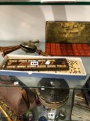 A FRANKLYNS FINE SHAG BOXED TIN PLATE ALPHABET, A HAND BELL, HUNTING HORN AND BEZIQUE MARKER
