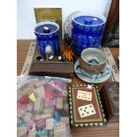TWO BOXES OF PLAYING CARDS, BOXED DOMINOES, WOODEN HOUSES, TWO PORTMEIRION STORAGE JARS,