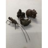 A GROUP OF BRONZE AND OTHER METAL FIGURES TO INCLUDE AN ARTICULATED CRICKET, A MOUSE WITH CORN, A