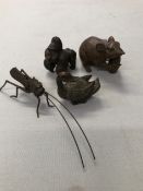 A GROUP OF BRONZE AND OTHER METAL FIGURES TO INCLUDE AN ARTICULATED CRICKET, A MOUSE WITH CORN, A