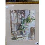 CONTEMPORARY SCHOOL A CHURCH INTERIOR SIGNED EDWARD WESSON 34 x 25cms