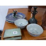 A PAIR OF CHINESE PROVINCIAL BLUE AND WHITE BOWLS, A PAIR OF JAPANESE PLATES, TWO HARDSTONE POTTED