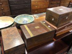 A BURR WALNUT TEA CADDY, ROSEWOOD JEWELLERY BOX, CUTLERY BOXES ETC.