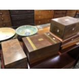 A BURR WALNUT TEA CADDY, ROSEWOOD JEWELLERY BOX, CUTLERY BOXES ETC.