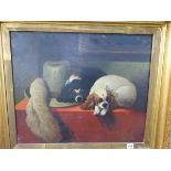 AFTER LANDSEER. TWO SPANIELS BESIDE A FEATHERED HAT, OIL ON CANVAS, FRAMED. 50 x 60cms.