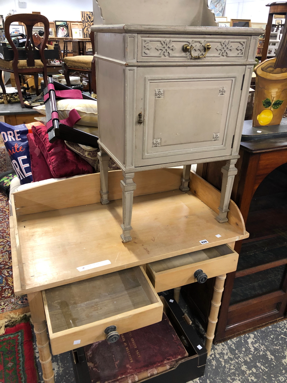A VICTORIAN PINE TWO DRAWER WASH STAND AND A PAINTED BED SIDE CABINET.