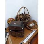 A JAPANESE LACQUER JEWELLERY CABINET, VARIOUS BASKETS, FIR CONES AND A BISCUIT BARREL PAINTED WITH