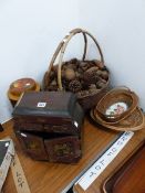 A JAPANESE LACQUER JEWELLERY CABINET, VARIOUS BASKETS, FIR CONES AND A BISCUIT BARREL PAINTED WITH