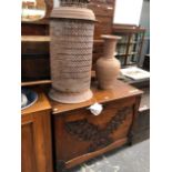 AN ANTIQUE CARVED OAK FALL FRONT FOLIO CABINET, TOGETHER WITH A STEEL PIERCED LANTERN AND A VASE.