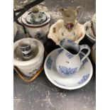 A COLLECTION OF JUGS AND BOWLS, PART WASHING SETS AND SLOP BUCKETS