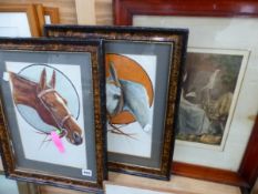 20th CENTURY SCHOOL HORSE PORTRAITS WATERCOLOUR 32 x 23cms TOGETHER WITH A DECORATIVE PRINT (3)