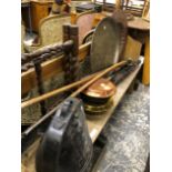 TWO BRASS TRAYS, A SCEPTER, CANDLE SNUFFERS, WARMING PANS AND A HAT BOX.