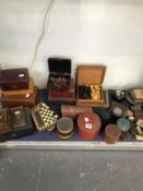 TWO CHESS SETS, TWO FOLDING BOARDS, VARIOUS BOXES, A STUDENTS MICROSCOPE, ETC.