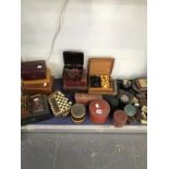 TWO CHESS SETS, TWO FOLDING BOARDS, VARIOUS BOXES, A STUDENTS MICROSCOPE, ETC.