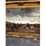 A LARGE DECORATIVE OIL ON CANVAS IN GILT FRAME. MILITARY FIGURES ON HORSEBACK.