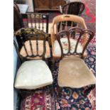 TWO VICTORIAN PAINTED BEDROOM CHAIRS, A MAHOGANY EXAMPLE, AND A SPINDLE BACK OFFICE DESK CHAIR.