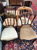 TWO VICTORIAN PAINTED BEDROOM CHAIRS, A MAHOGANY EXAMPLE, AND A SPINDLE BACK OFFICE DESK CHAIR.