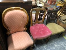 A VICTORIAN LARGE SHOW FRAME NURSING CHAIR AND TWO SIDE CHAIRS.