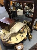 A MICROSCOPE, CLOCK WEIGHTS, A TEA CADDY ETC.