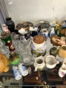 A COLLECTION OF MINIATURE CERAMICS AND GLASS, TWO CORONATION BEAKERS, TWO POT LIDS, DOLLS HOUSE