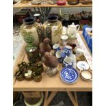 A PAIR OF SATSUMA VASES, AN IMARI BOTTLE AND BOWL, A PAIR OF DOULTON FAMOUS GROUSE BOTTLES AND OTHER