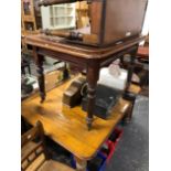 TWO ANTIQUE KITCHEN TABLES AND A MAHOGANY DROP LEAF TABLE.