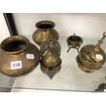 A PAIR OF INDIAN BRASS BOWLS, TWO INCENSE BURNERS AND A SMALL CAULDRON