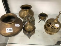 A PAIR OF INDIAN BRASS BOWLS, TWO INCENSE BURNERS AND A SMALL CAULDRON