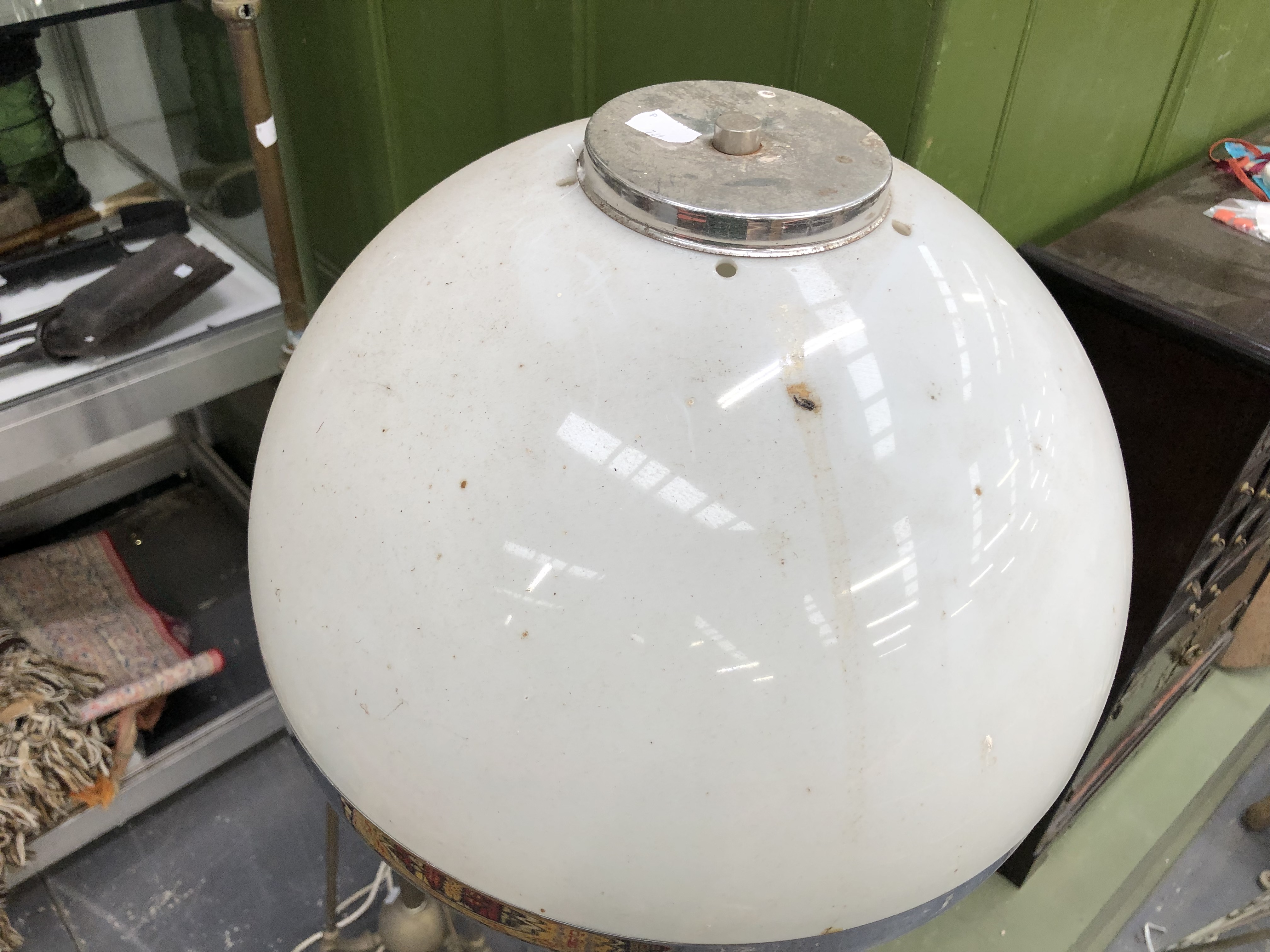 A BRASS TRIPOD STANDARD LAMP AND A CHROME STANDARD LAMP WITH DOMED MILK GLASS SHADE. - Image 3 of 3